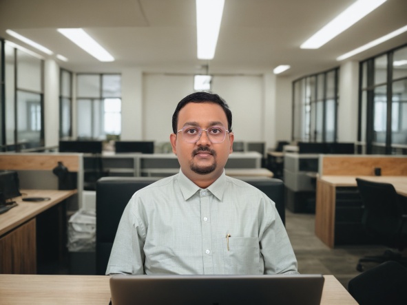 Melvin C Varghese in a cubicle as a freelance digital marketing consultant in Kochi Kerala